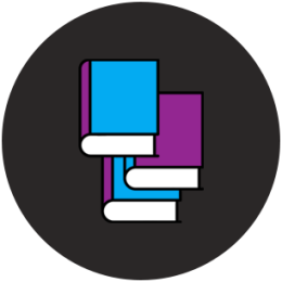 3 blue and purple book icons stacked on top of each other