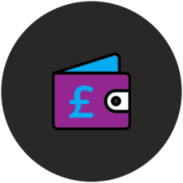 Purple wallet icon with pound sign on it