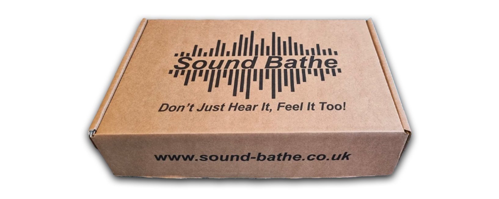 Bespoke corrugated cardbox box with black text that details the Sound Bathe product inside