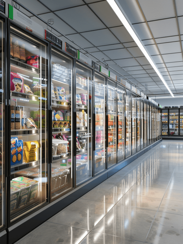 Rows of supermarket freezers with frozen petfood packaging in them