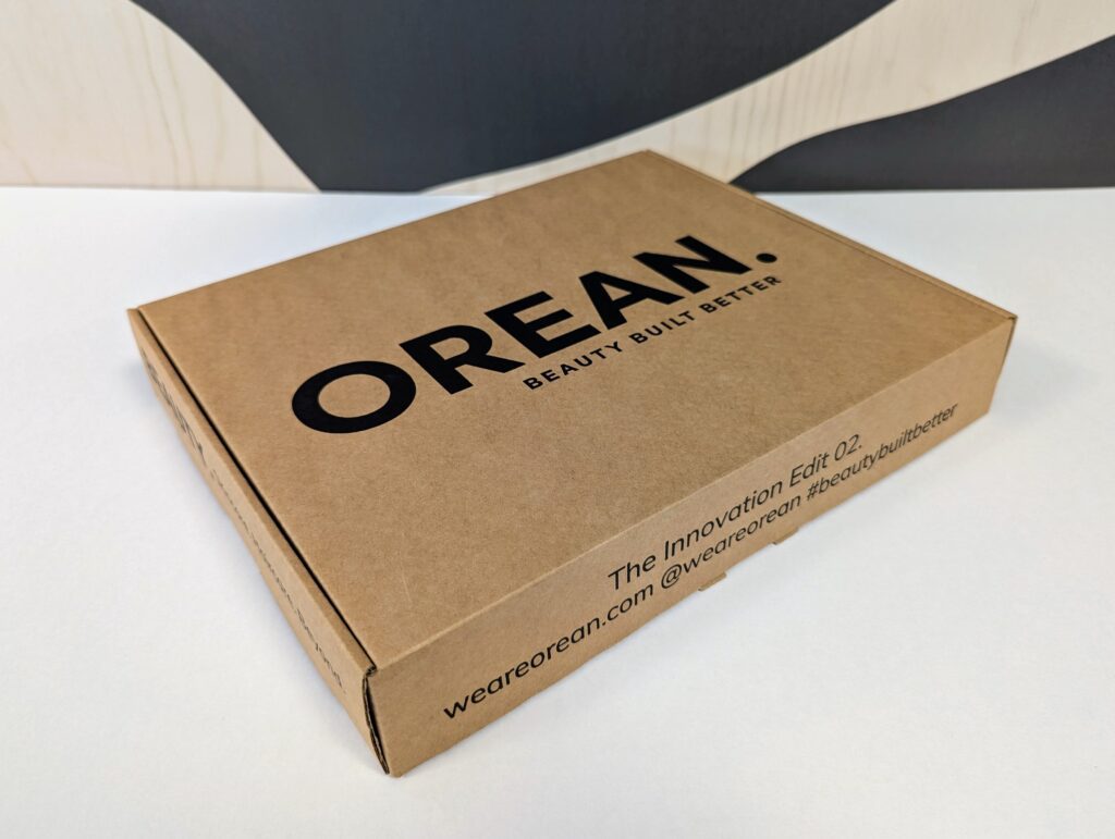 A Greyhound Box corrugated cardboard box with a bespoke ‘Orean’ branded design