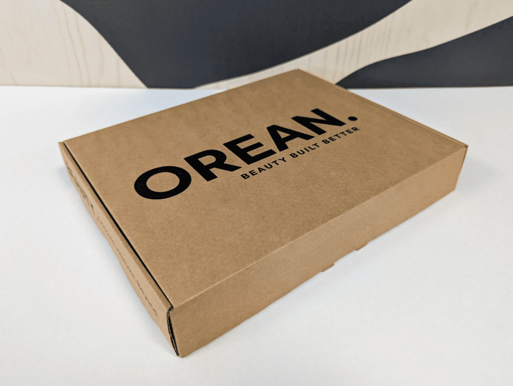 A Greyhound Box corrugated cardboard box with a bespoke ‘Orean’ branded design