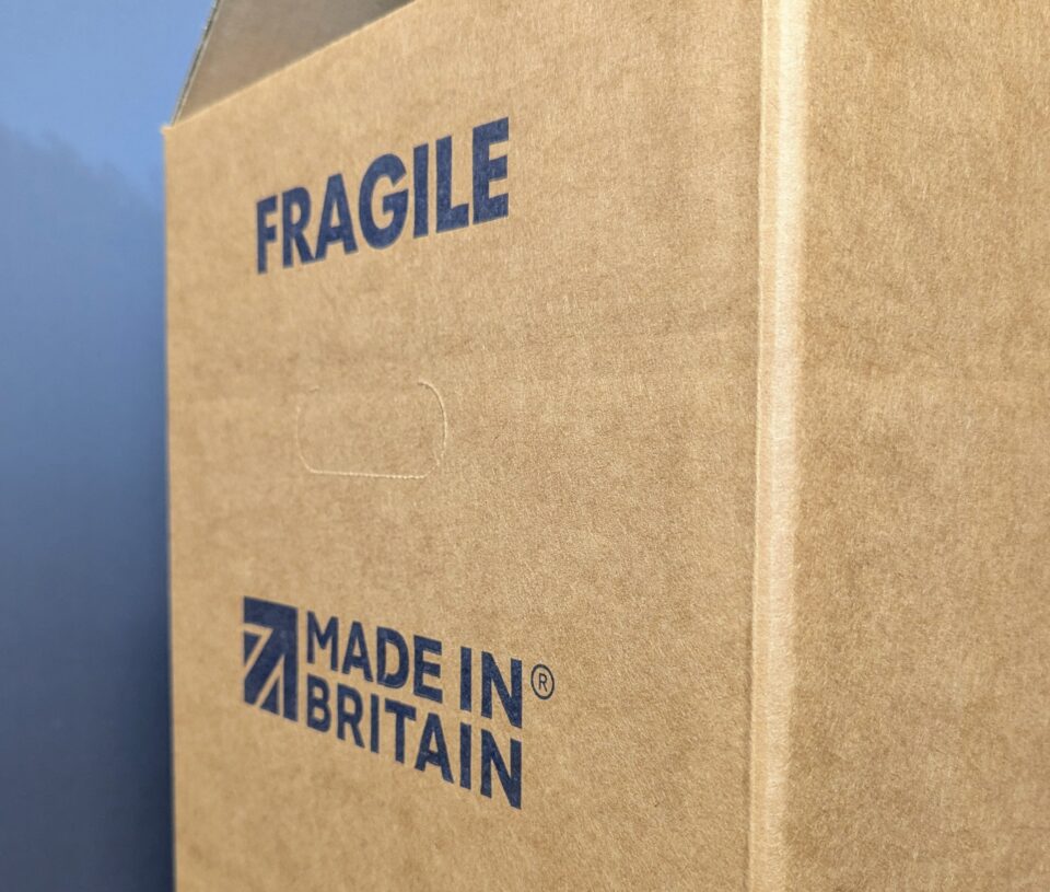 Hand holes on the Westbury Group branded box, with 'Fragile' and 'Made in Britain' written on either side