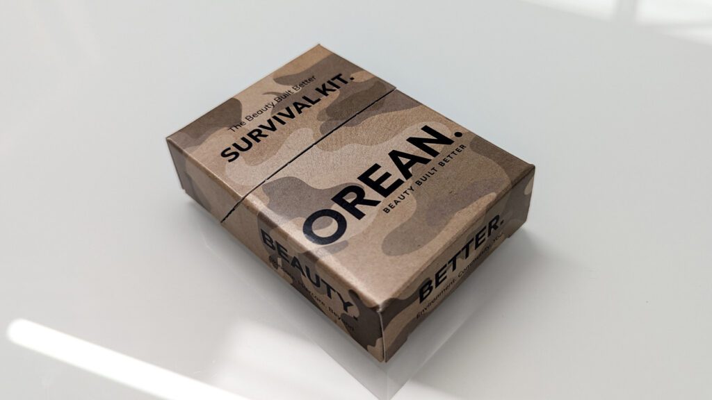 The front of the camouflage carton for Orean’s ‘Survival Kit’ featuring a self-locking, bespoke packaging design