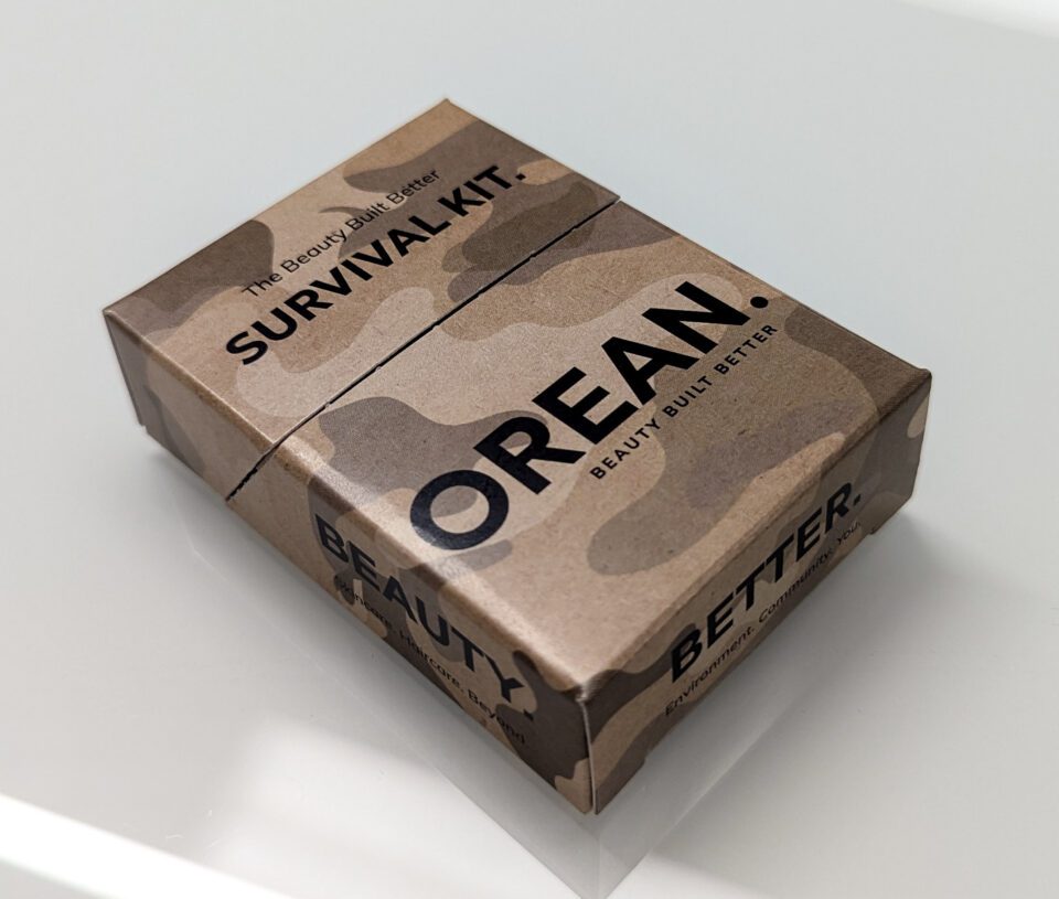 The front of the camouflage carton for Orean’s ‘Survival Kit’ beauty packaging featuring a self-locking, bespoke box design