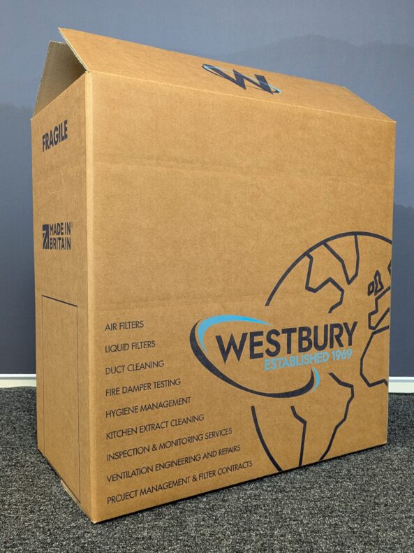 Side panel of the Westbury Group branded box with their logo and product/service offering on it