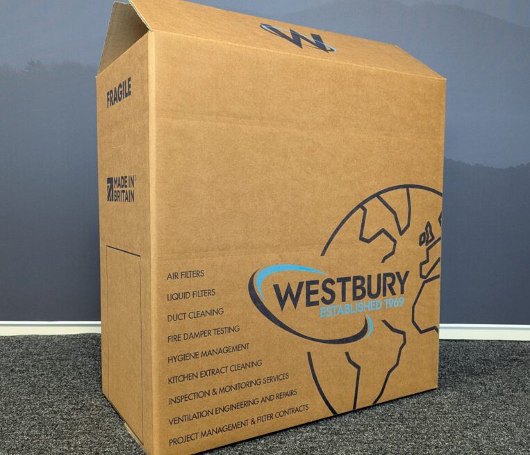 Side panel of the Westbury Group branded box with their logo and product/service offering on it