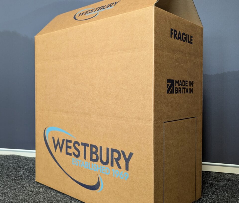 Side panel of the Westbury Group branded box with their logo and a blank rectangle for labelling