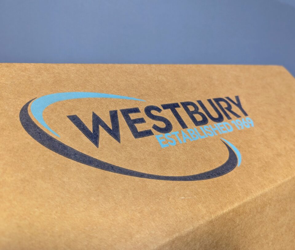 Blue Westbury Group logo on the top flaps of their branded box