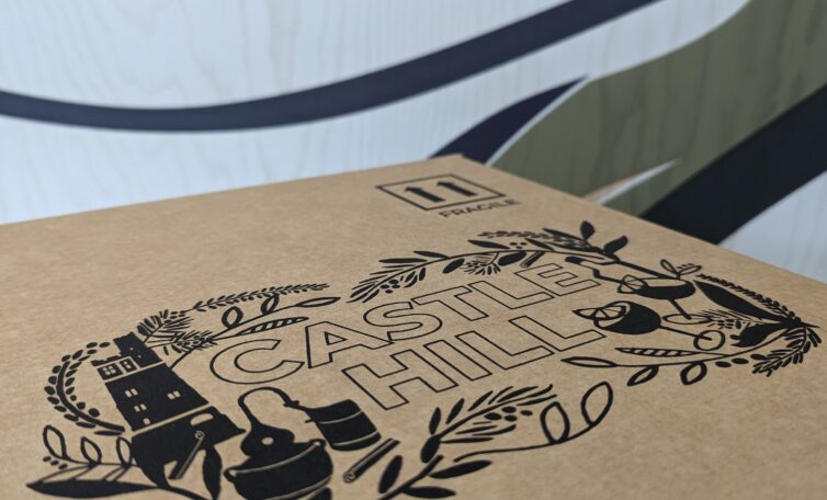 Side of the Yorkshire Spirits branded box with the Castle Hill Gin logo on it