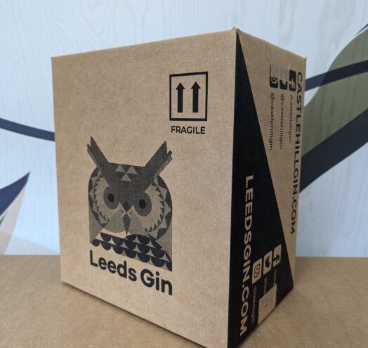 Side of the Yorkshire Spirits branded beverage packaging with the Leeds Gin logo on it