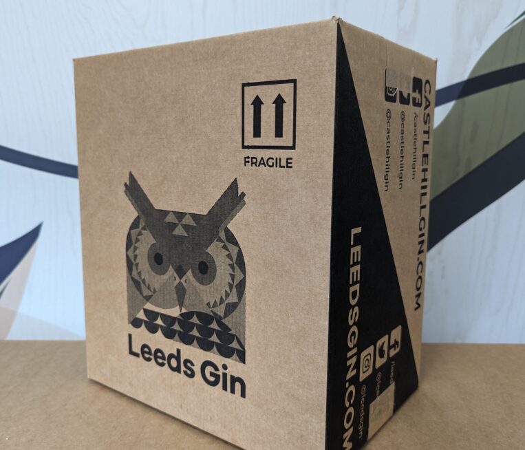 Side of the Yorkshire Spirits branded beverage packaging with the Leeds Gin logo on it