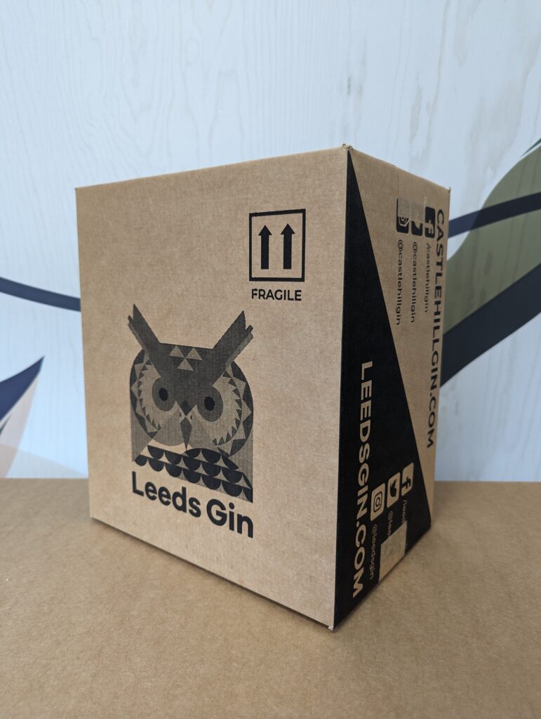 Side of the Yorkshire Spirits branded beverage packaging with the Leeds Gin logo on it