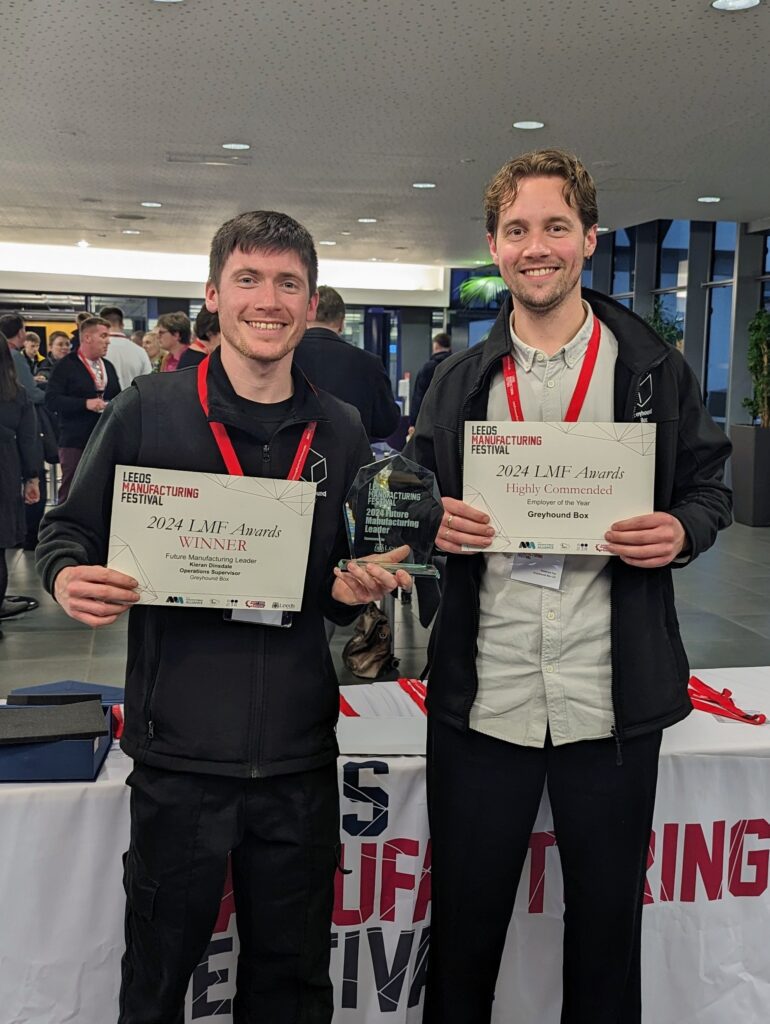 Two members of the Greyhound Box team at the Leeds Manufacturing Festival Awards 2024 